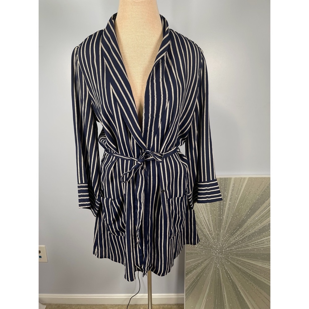Reformation Blue and White Striped Lightweight Blazer Robe Wrap Mini Dress Sz M